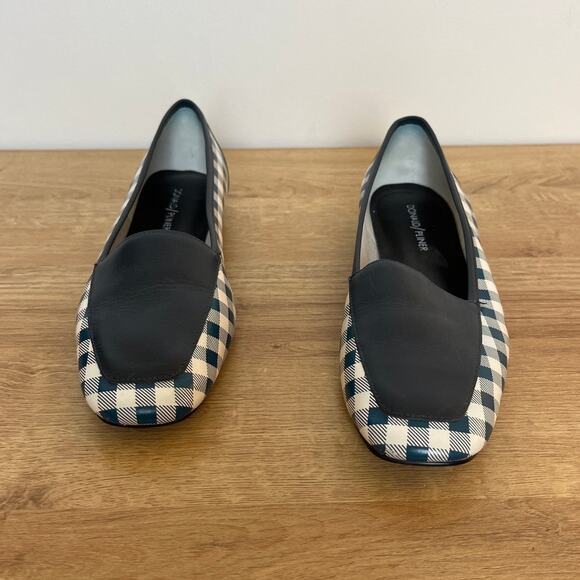 Donald Pliner Blue Gingham Plaid Square Toe Leather Loafers Sz 7.5 Slip On Prep - Picture 2 of 7